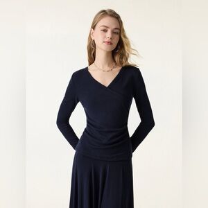 OGL Navy Lyocell Wool Surplice Ruched Long Sleeve Top Size Large NWT